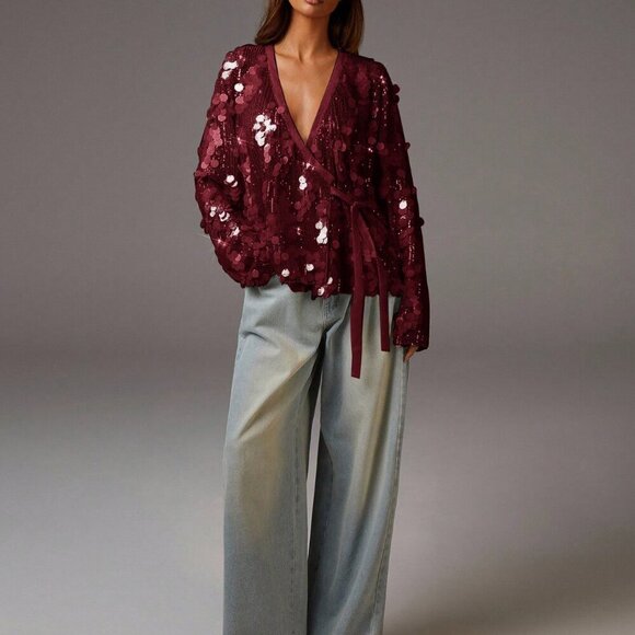 burgundy Party Women's long sleeve sequin Blouses - Picture 3 of 5